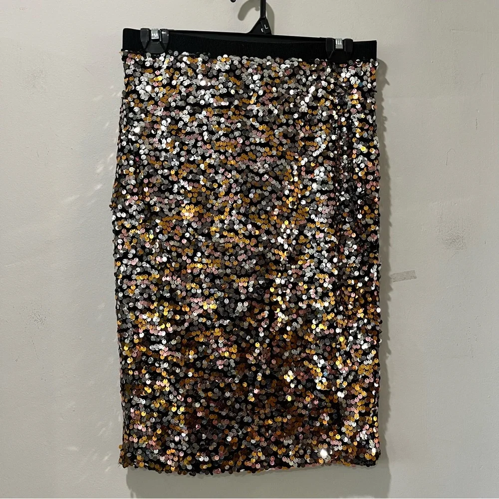 Women's Skirt Small Pencil Golden Sequin Embellished Waistband Party‎ Gold Black
